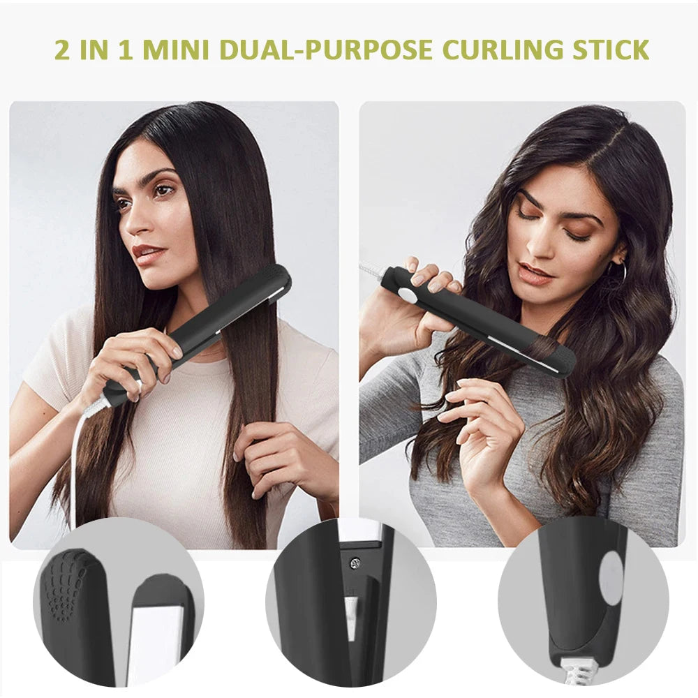 "2-in-1 Mini Flat Iron & Curling Wand with Hair Clip"